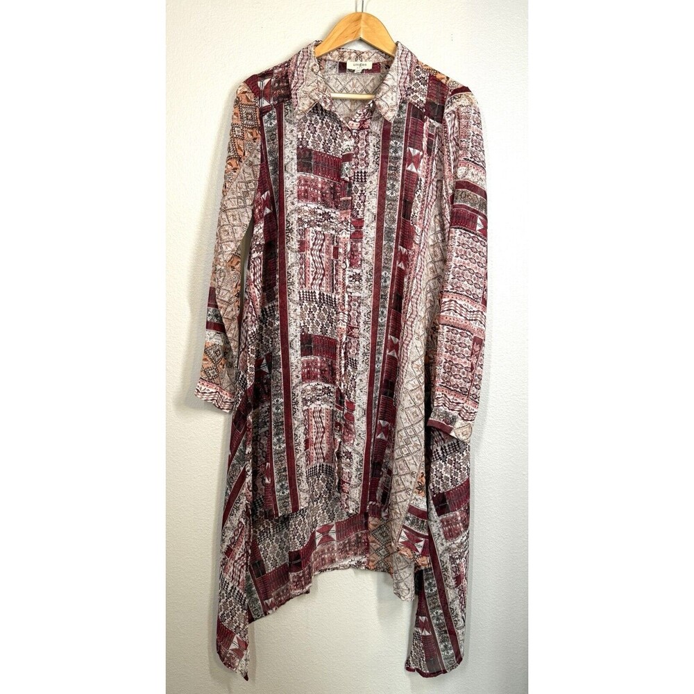 Umgee‎ Sz S Boho Patchwork Sheer Button Up Tunic Blouse Hippie Dress Oversized